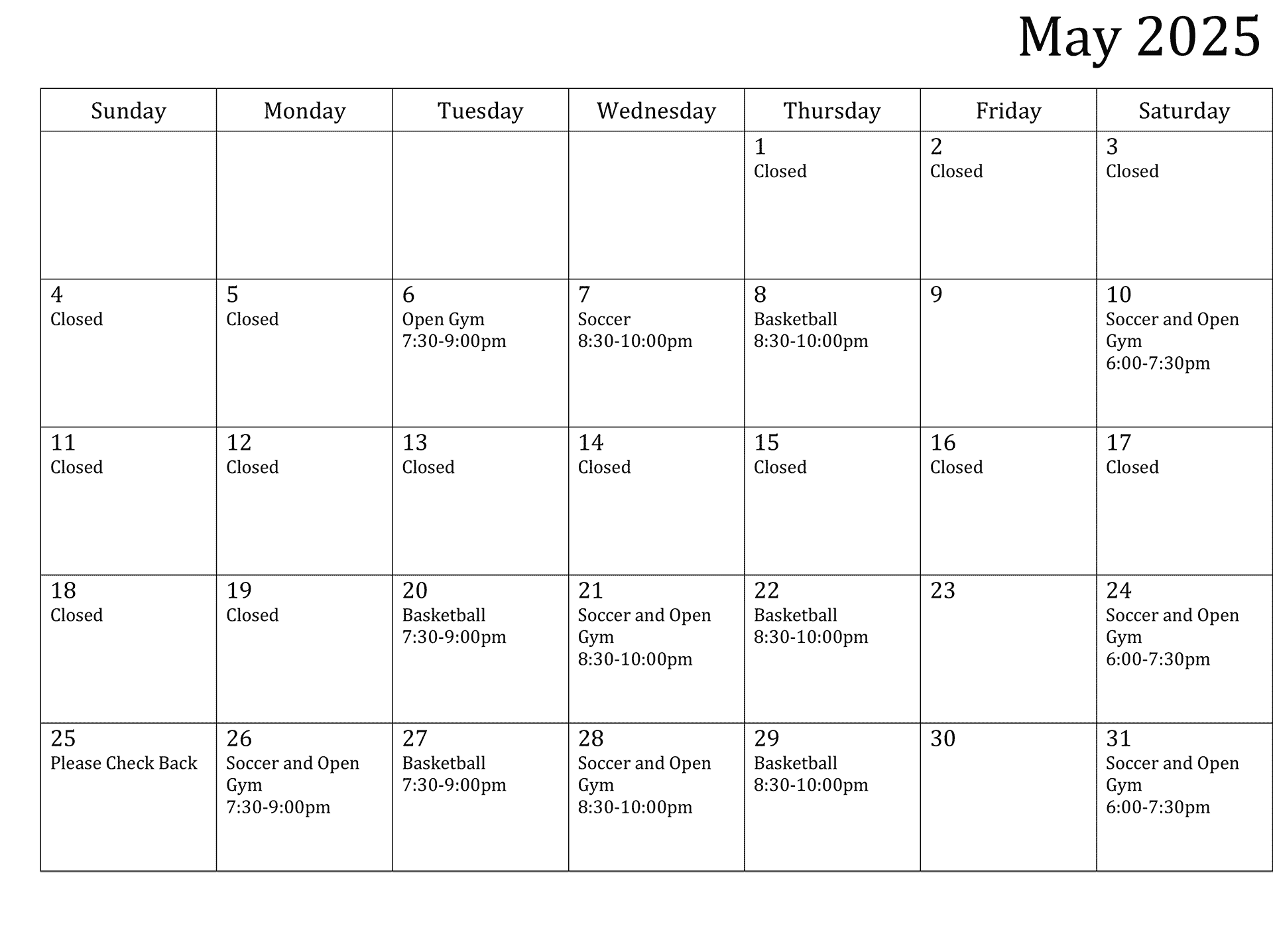 May Recreation Schedule 2025